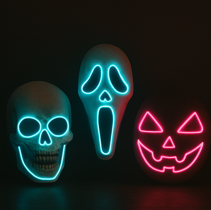 Three glowing Halloween LED masks in neon colors, displayed side by side on a black background.