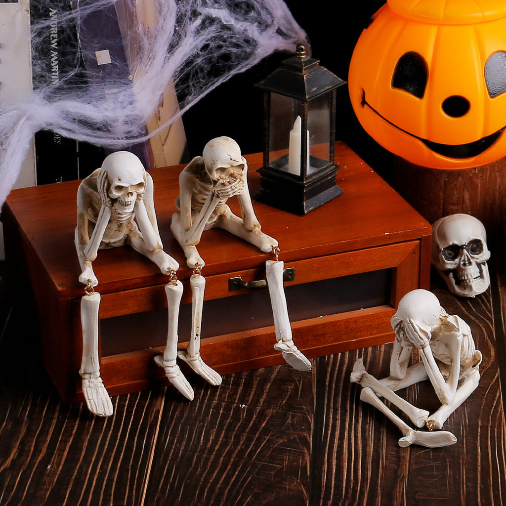 3 Skeleton Figurines No See Hear Speak Resin Gothic Skeleton Statues with Movable Legs